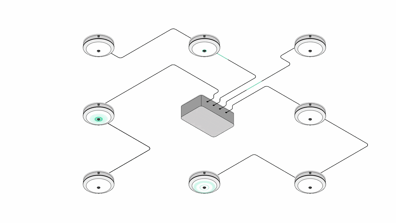 Animated diagram showing ceiling-mounted occupancy sensors connected in a daisy-chain network to a central hub, illustrating streamlined installation and real-time communication between sensors.