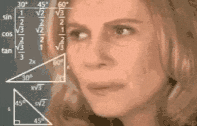 Animated reaction GIF of a confused woman staring thoughtfully as mathematical equations, geometric diagrams, and trigonometric formulas appear around her, conveying confusion, deep thinking, or trying to solve a complex problem.