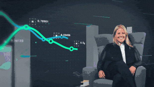 Animated graphic of a business professional seated in a chair beside an animated data dashboard, with charts, metrics, and trend lines moving across the screen to represent real-time analytics, workplace insights, and data-driven decision-making.