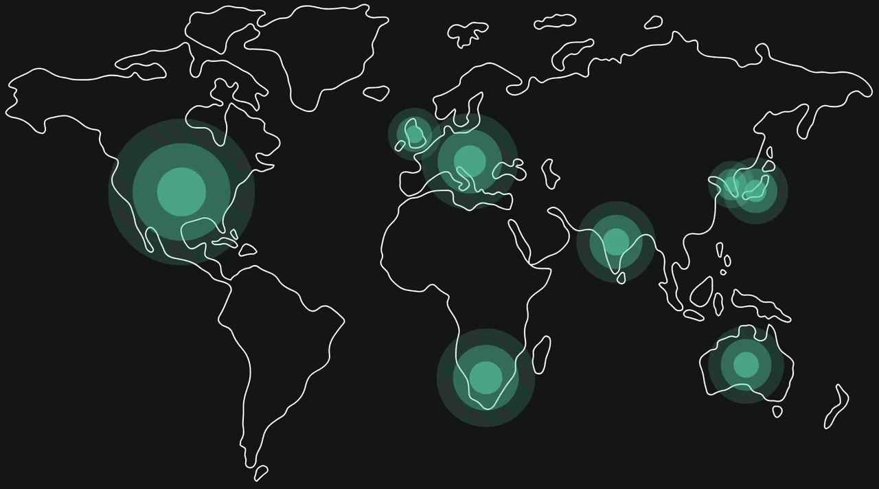 Animated world map highlighting XY Sense's global presence, with pulsing location markers appearing across North America, Europe, Asia, Australia, and Africa to represent worldwide workplace occupancy sensor deployments.